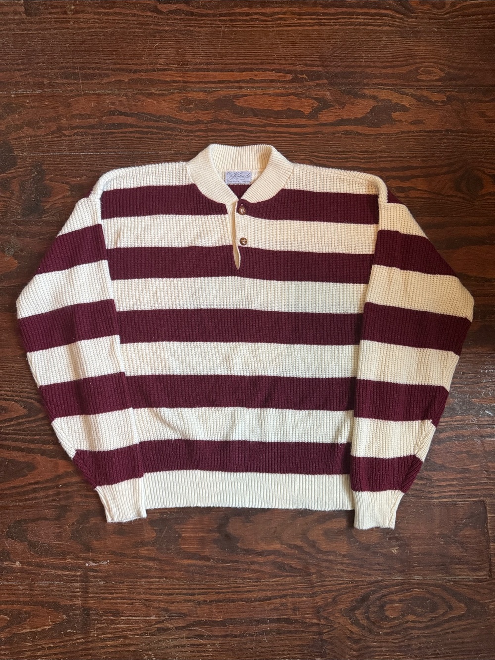 Vintage Striped Maroon and Cream Knit Polo Sweater